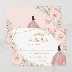 Blush Floral Princess Quinceañera Gold Crown Dress RSVP Kaartje