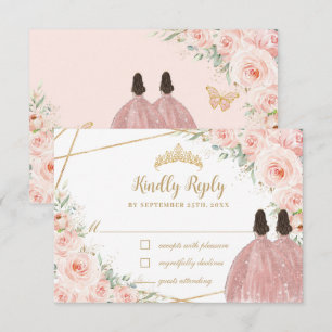 Blush Floral prinses Quinceañera Twins Birthday RSVP Kaartje