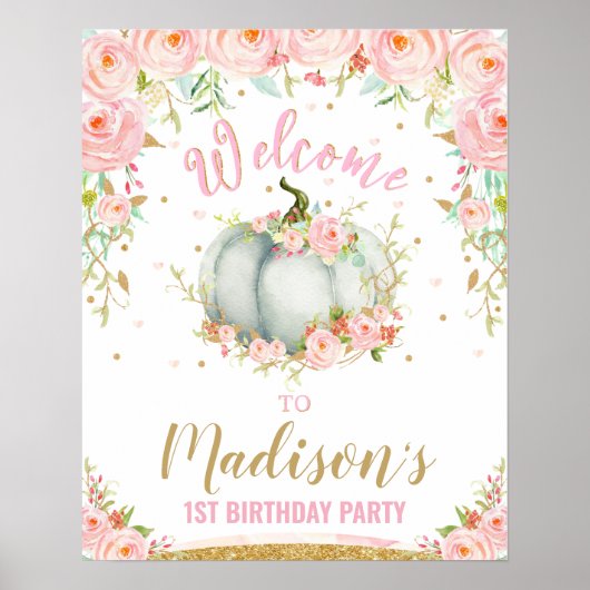 Blush Floral Pumpkin 1st Birthday Welcome Sign Poster (Voorkant)
