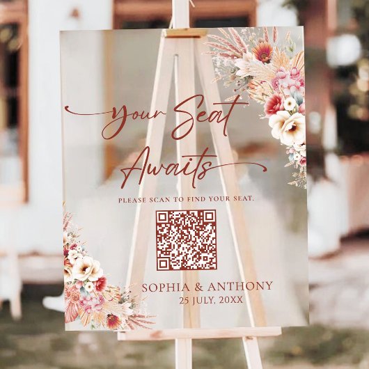 Blush Floral QR Code Uw stoel wacht op Acryl Teken Acryl Bord