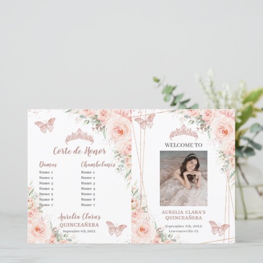 Blush Floral Quinceanera Evenementenprogramma (Staand voorkant)