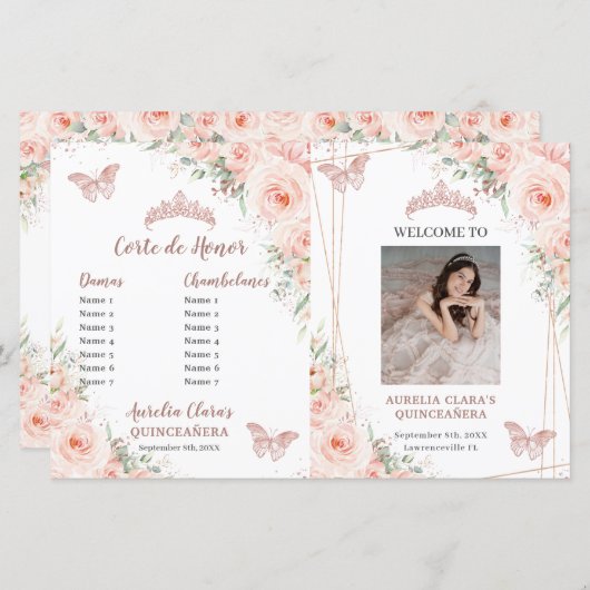 Blush Floral Quinceanera Evenementenprogramma (Voorkant / Achterkant)