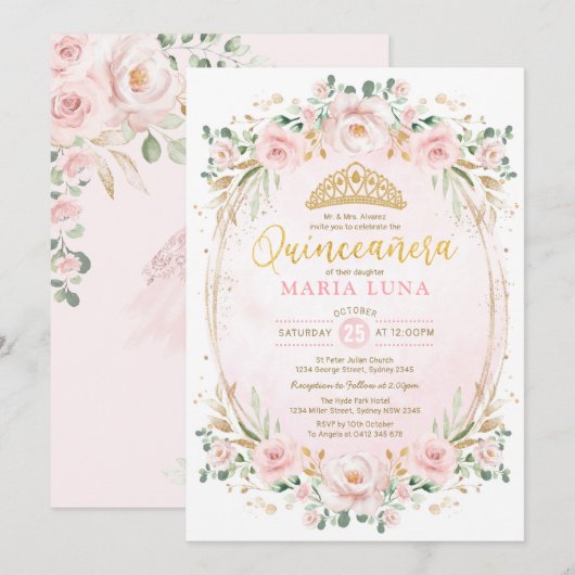 Blush Floral Quinceañera Mis Quince 15th Birthday Kaart (Voorkant / Achterkant)