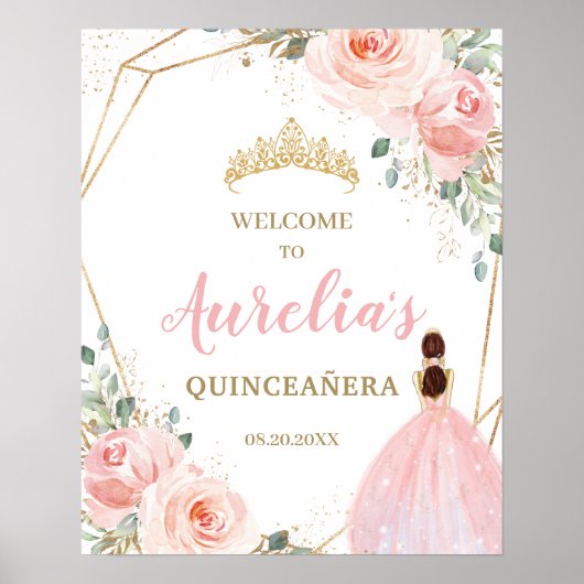 Blush Floral Quinceañera Mis Quince Welkom Poster (Voorkant)