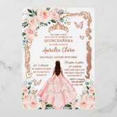 Blush Floral Quinceañera Princess Dress Roos Goud Folie Uitnodiging (Voorkant)