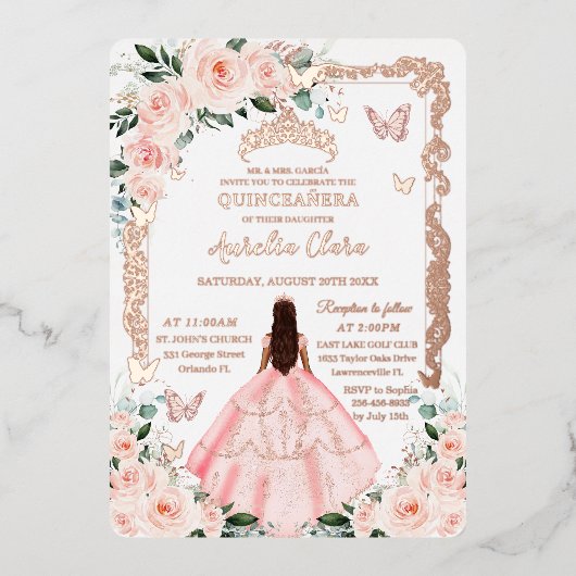 Blush Floral Quinceañera Princess Dress Roos Goud Folie Uitnodiging (Voorkant)