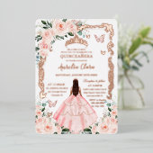 Blush Floral Quinceañera Princess Dress Roos Goud Folie Uitnodiging (Staand Voorkant)