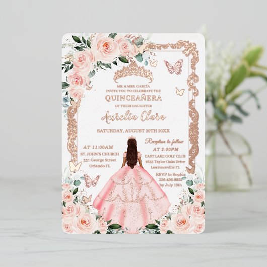 Blush Floral Quinceañera Princess Dress Roos Goud Folie Uitnodiging (Staand Voorkant)