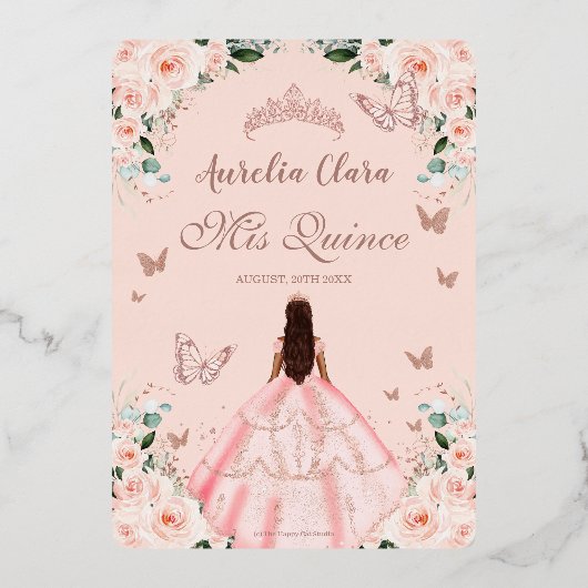 Blush Floral Quinceañera Princess Dress Roos Goud Folie Uitnodiging (Achterkant)