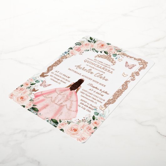Blush Floral Quinceañera Princess Dress Roos Goud Folie Uitnodiging (Gedraaid)