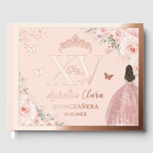 Blush Floral Quinceañera Quince 15 XV Roos Gold Gastenboek (Voorkant)