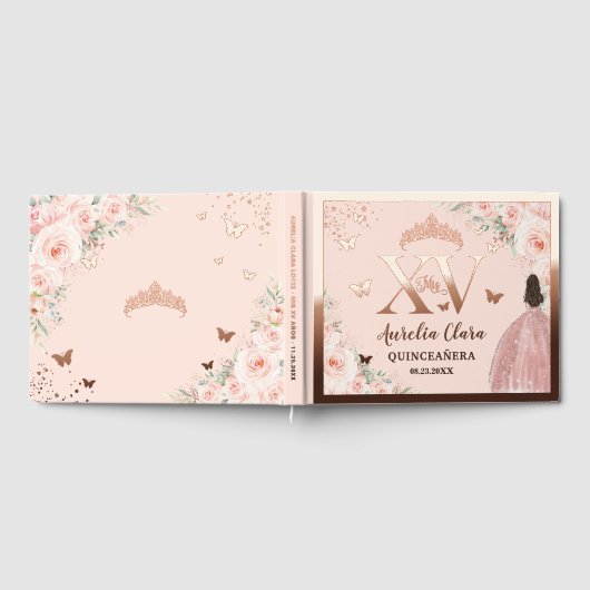 Blush Floral Quinceañera Quince 15 XV Roos Gold Gastenboek (Volledig)
