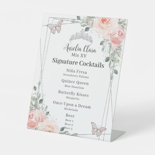 Blush Floral Quinceañera Sweet 16 Cocktails Menu Reclamebord Met Voetstuk (Voorkant)