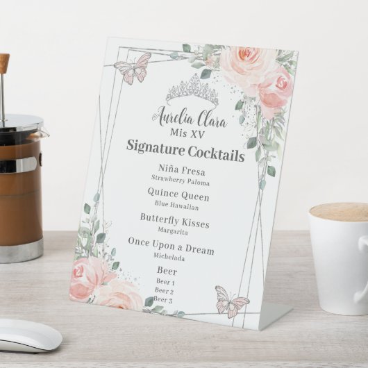 Blush Floral Quinceañera Sweet 16 Cocktails Menu Reclamebord Met Voetstuk (Insitu)