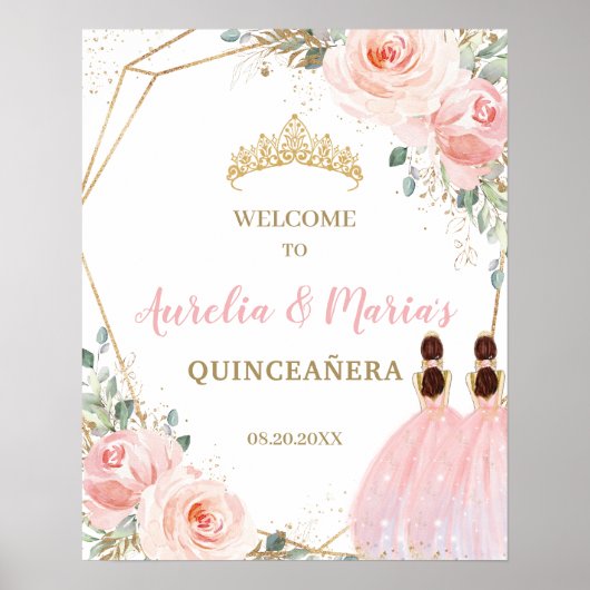 Blush Floral Quinceañera Twins Joint Birthday Poster (Voorkant)