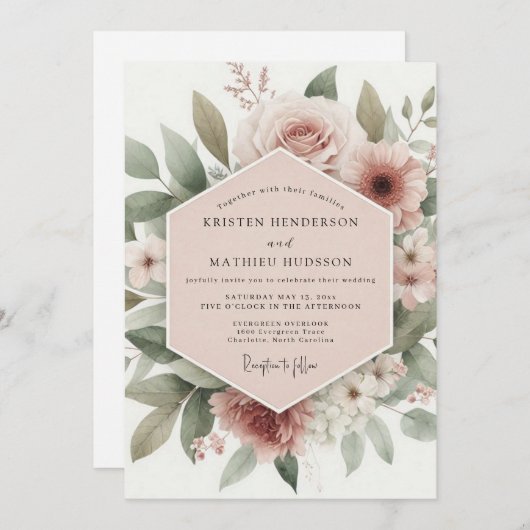 Blush Floral Romance Wedding Kaart (Voorkant / Achterkant)