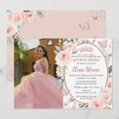 Blush Floral Roos Gold Butterflies Quinceañera Kaart (Voorkant / Achterkant)