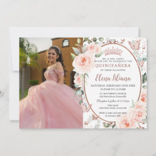 Blush Floral Roos Gold Butterflies Quinceañera Kaart