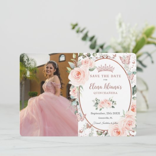 Blush Floral Roos Gold Butterflies Quinceañera Save The Date (Staand voorkant)