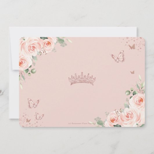 Blush Floral Roos Gold Butterflies Quinceañera Save The Date (Achterkant)