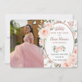 Blush Floral Roos Gold Butterflies Quinceañera Save The Date (Voorkant)