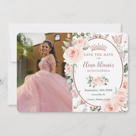 Blush Floral Roos Gold Butterflies Quinceañera Save The Date (Voorkant)