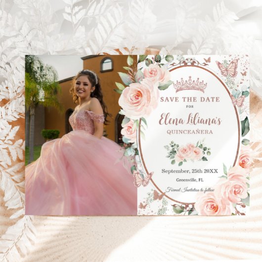 Blush Floral Roos Gold Butterflies Quinceañera Save The Date