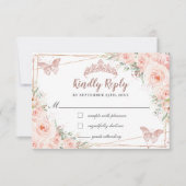 Blush Floral Roos Gold Butterfly Quinceañera Reply RSVP Kaartje (Voorkant)