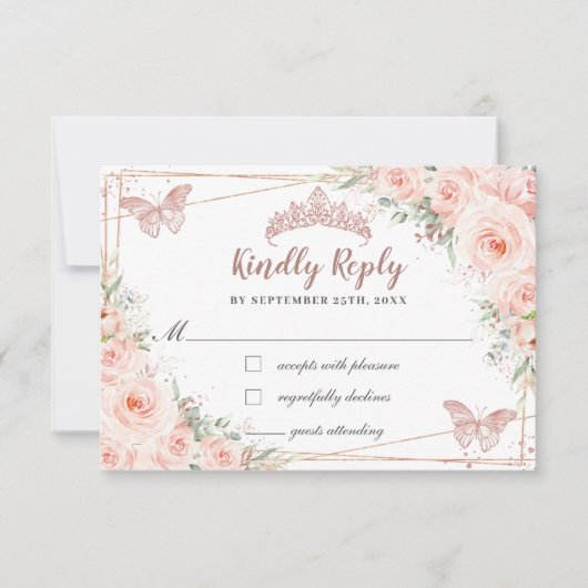 Blush Floral Roos Gold Butterfly Quinceañera Reply RSVP Kaartje (Voorkant)
