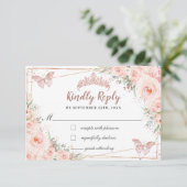 Blush Floral Roos Gold Butterfly Quinceañera Reply RSVP Kaartje (Staand voorkant)