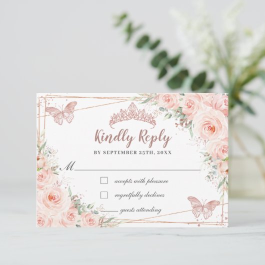 Blush Floral Roos Gold Butterfly Quinceañera Reply RSVP Kaartje (Staand voorkant)