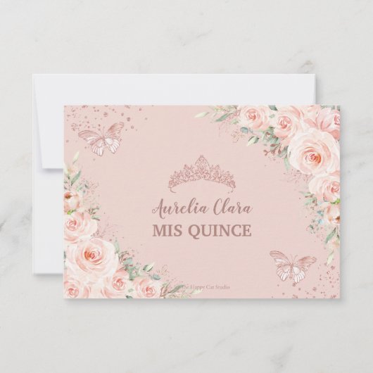 Blush Floral Roos Gold Butterfly Quinceañera Reply RSVP Kaartje (Achterkant)
