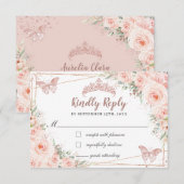 Blush Floral Roos Gold Butterfly Quinceañera Reply RSVP Kaartje (Voorkant / Achterkant)