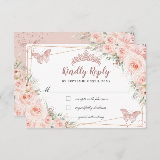 Blush Floral Roos Gold Butterfly Quinceañera Reply RSVP Kaartje (Voorkant / Achterkant)