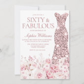 Blush Floral & Roos Gold Dress 60th Birthday Party Kaart (Voorkant)