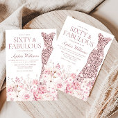 Blush Floral & Roos Gold Dress 60th Birthday Party Kaart