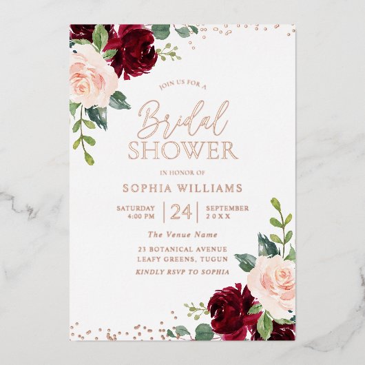 Blush Floral Roos Gold Foil Vrijgezellenfeest Folie Uitnodiging (Voorkant)