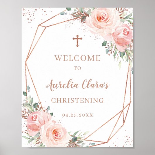 Blush Floral Roos Gold Geometric Christening Sign Poster (Voorkant)