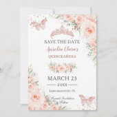 Blush Floral Roos Gold Quinceanera Vlinders Save The Date (Voorkant)