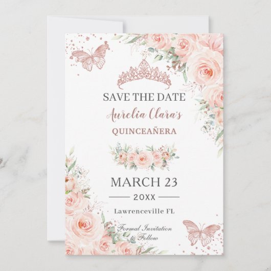 Blush Floral Roos Gold Quinceanera Vlinders Save The Date (Voorkant)
