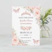 Blush Floral Roos Gold Quinceanera Vlinders Save The Date (Staand voorkant)