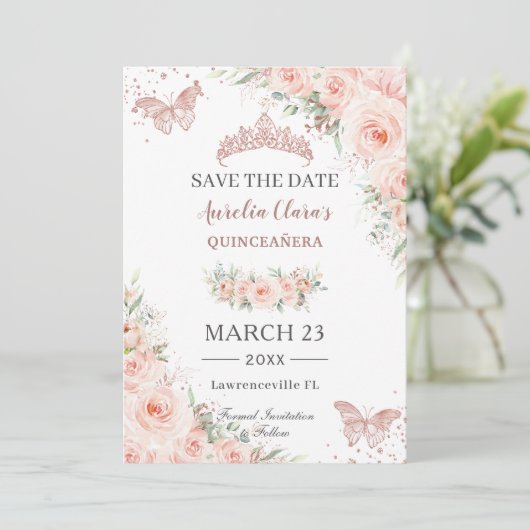 Blush Floral Roos Gold Quinceanera Vlinders Save The Date (Staand voorkant)
