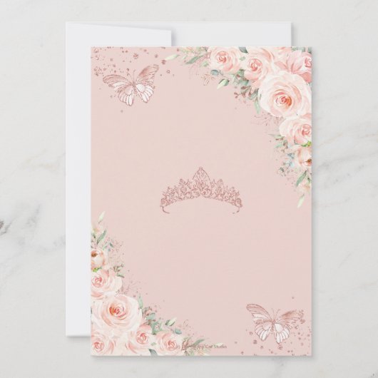 Blush Floral Roos Gold Quinceanera Vlinders Save The Date (Achterkant)
