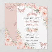 Blush Floral Roos Gold Quinceanera Vlinders Save The Date (Voorkant / Achterkant)