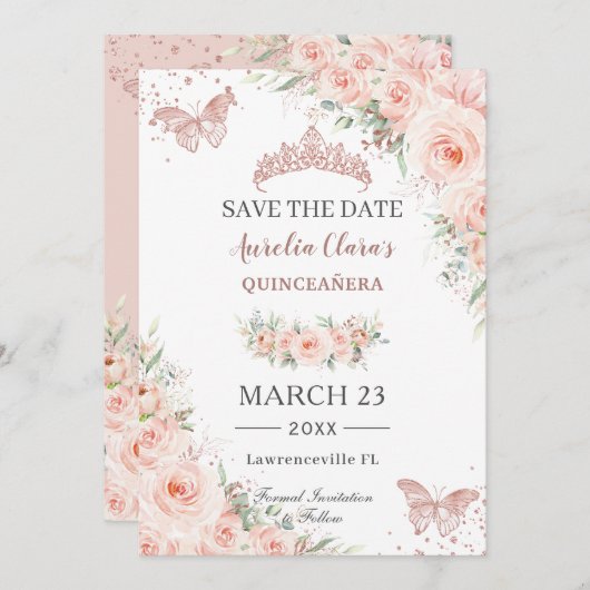 Blush Floral Roos Gold Quinceanera Vlinders Save The Date (Voorkant / Achterkant)