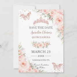 Blush Floral Roos Gold Quinceanera Vlinders Save The Date