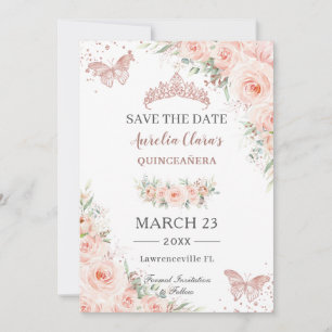 Blush Floral Roos Gold Quinceanera Vlinders Save The Date
