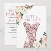 Blush Floral Roos Gold Sparkle Dress 50th Birthday Kaart (Voorkant / Achterkant)