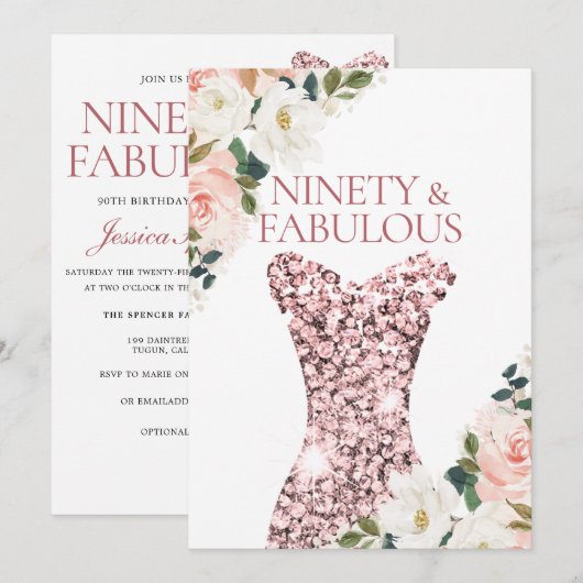 Blush Floral Roos Gold Sparkle Dress 90th Birthday Kaart (Voorkant / Achterkant)