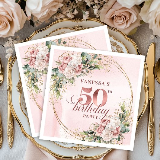 Blush Floral Rose Gold 50th Birthday Beverage   Servet